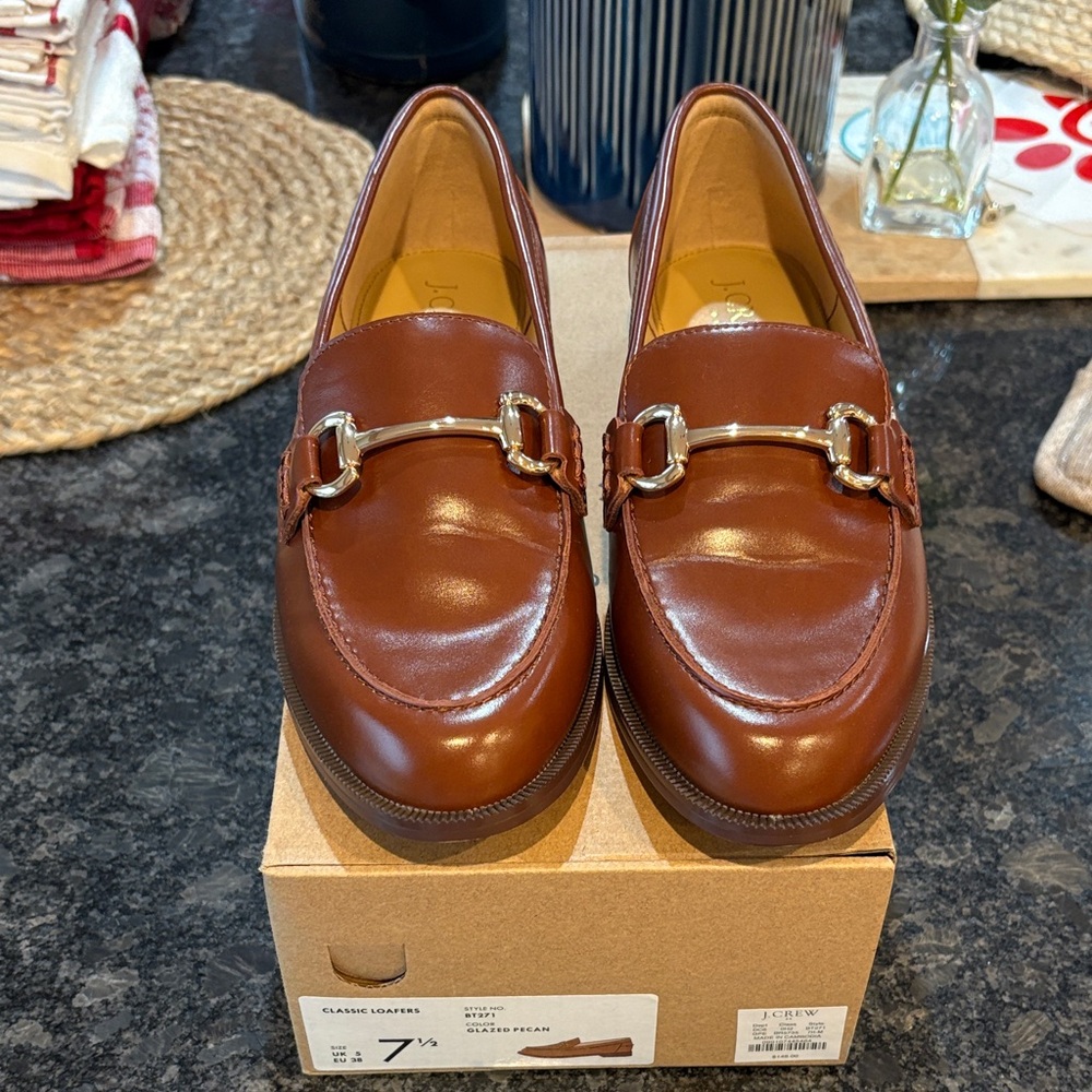 J. Crew Chestnut Leather Loafers with Gold Buckle